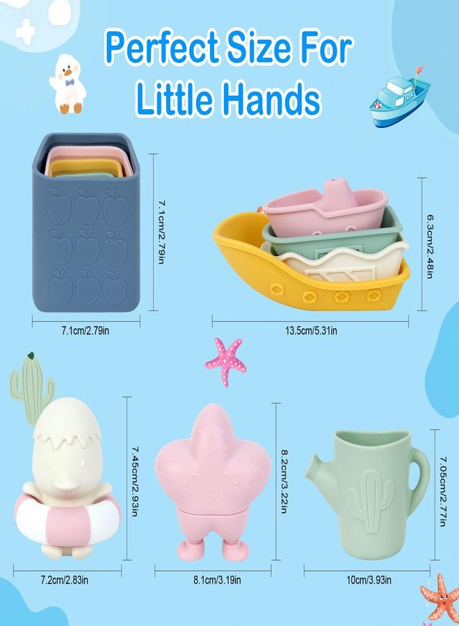 MCGMITT Baby Bath Toys for Kids Ages 1-3, 12 PCS Silicone Mold Free Bathtub Toys for 6-12 Months, Soft Stacking Cups & No Hole Duck & Floating Boats, Beach Sand Water Table Pool Toys for Toddlers - Image 4